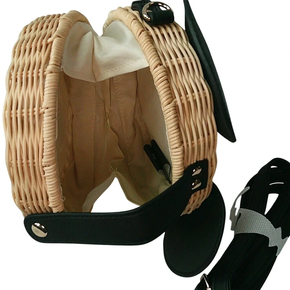 Disney Mickey Mouse Crossbody Bag Womens Tan Woven Straw Wicker Black Ears